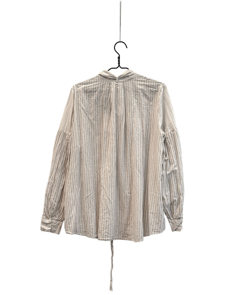 Organic cotton dobby stripe bow tie blouse