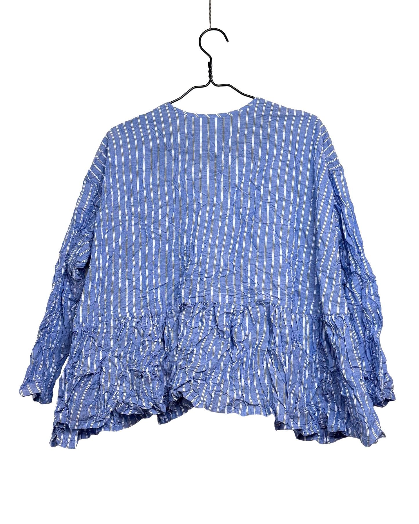 Blue shirring stripe wrap blouse