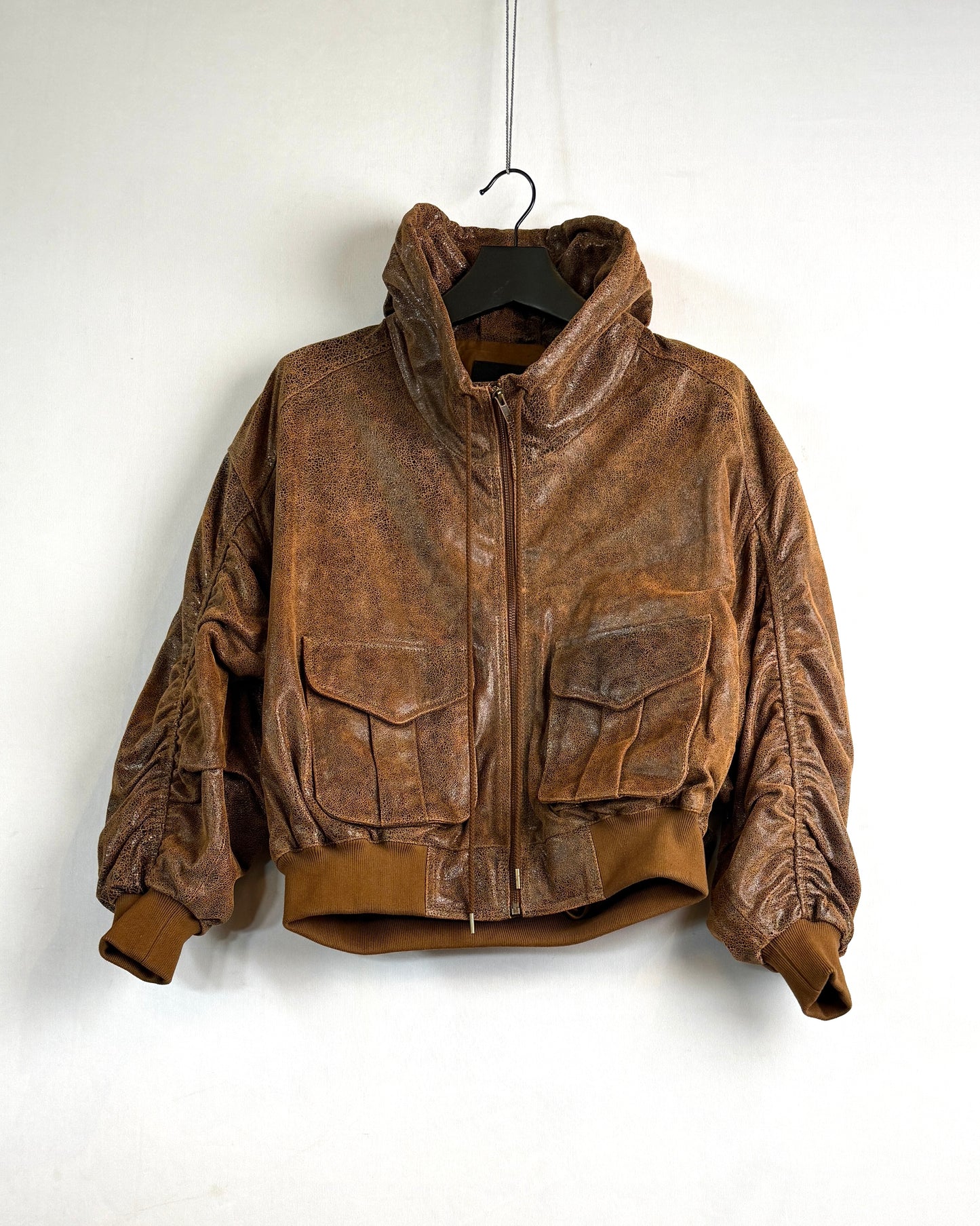 Leather shirred oversized bomber