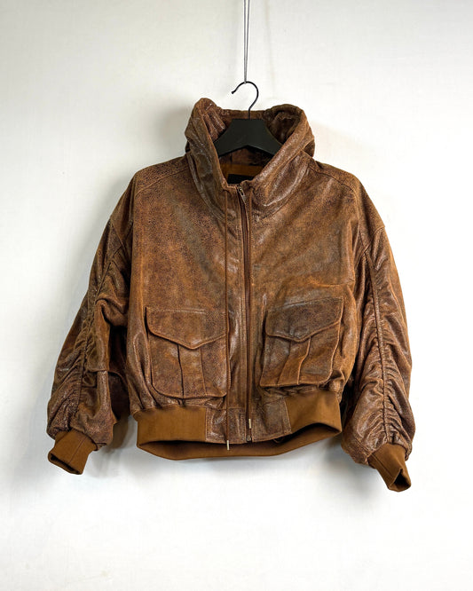 Leather shirred oversized bomber