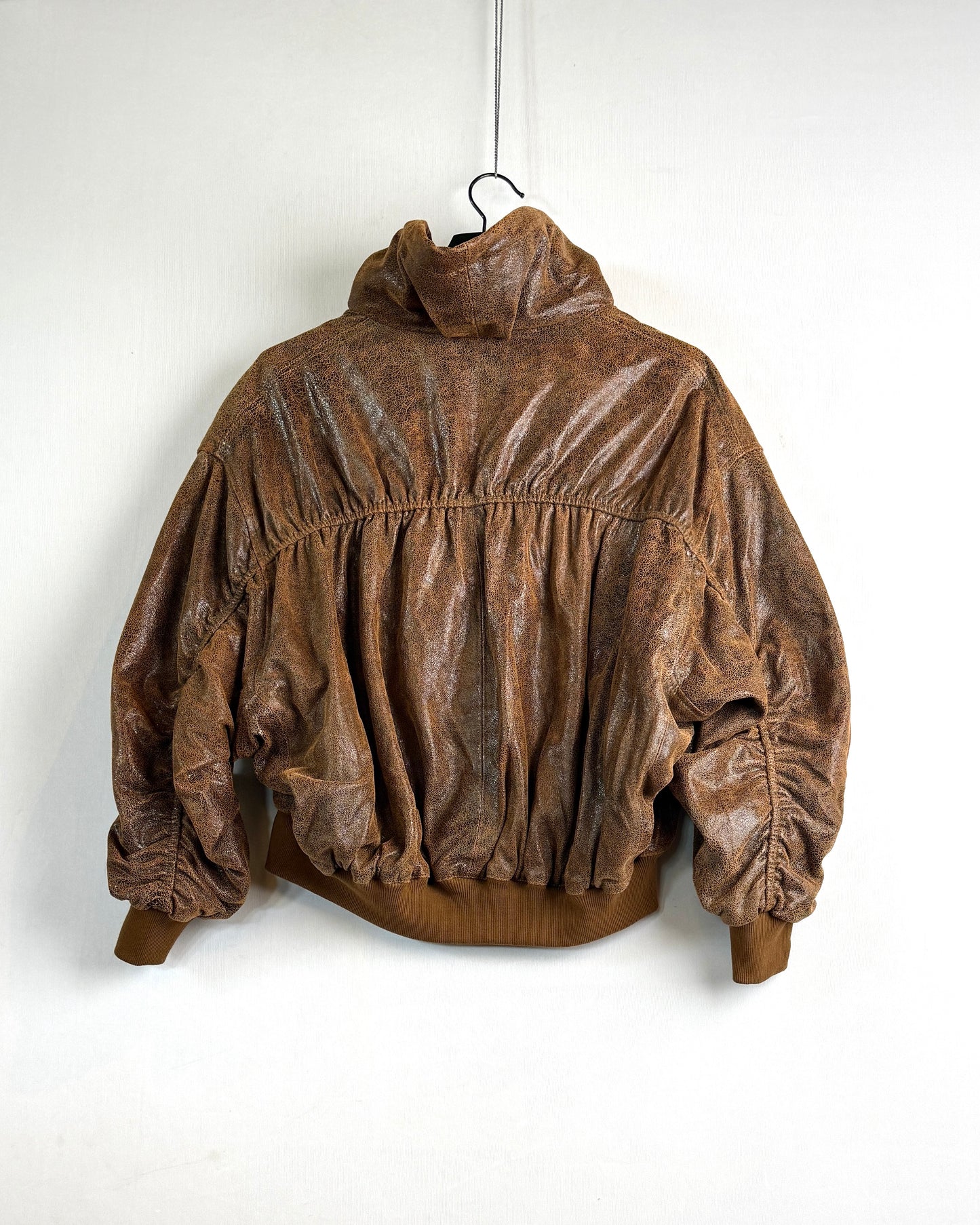 Leather shirred oversized bomber