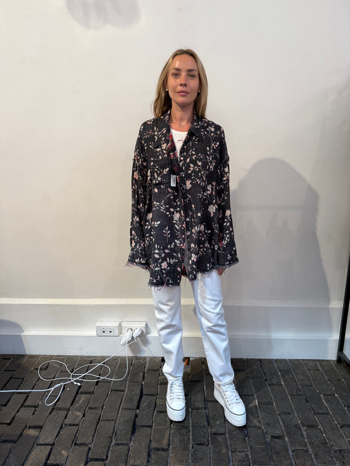 Reversible shredded seam drop neck shirt
