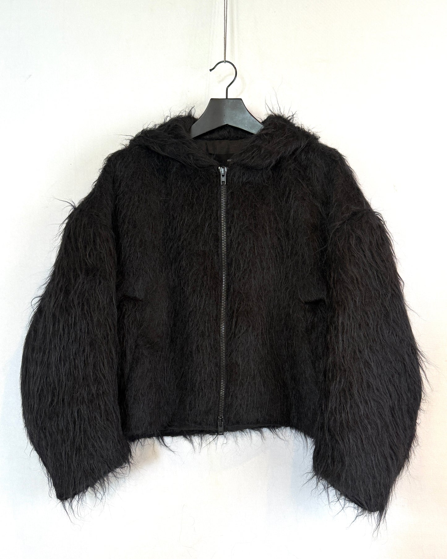 Wool fur hooded bomber jacket