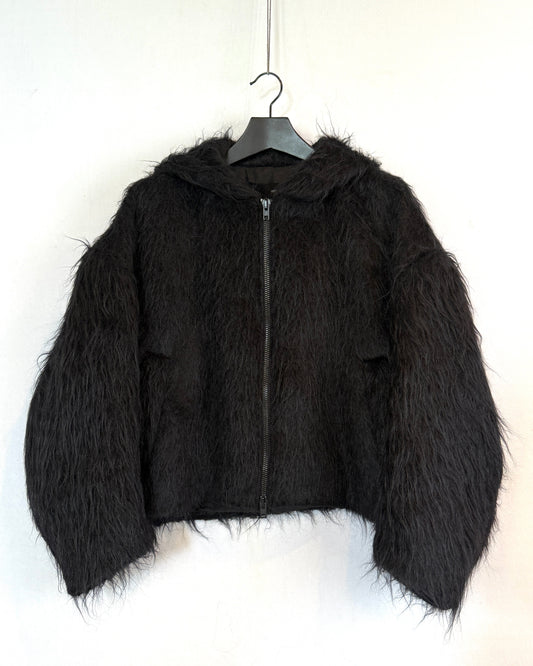 Wool fur hooded bomber jacket