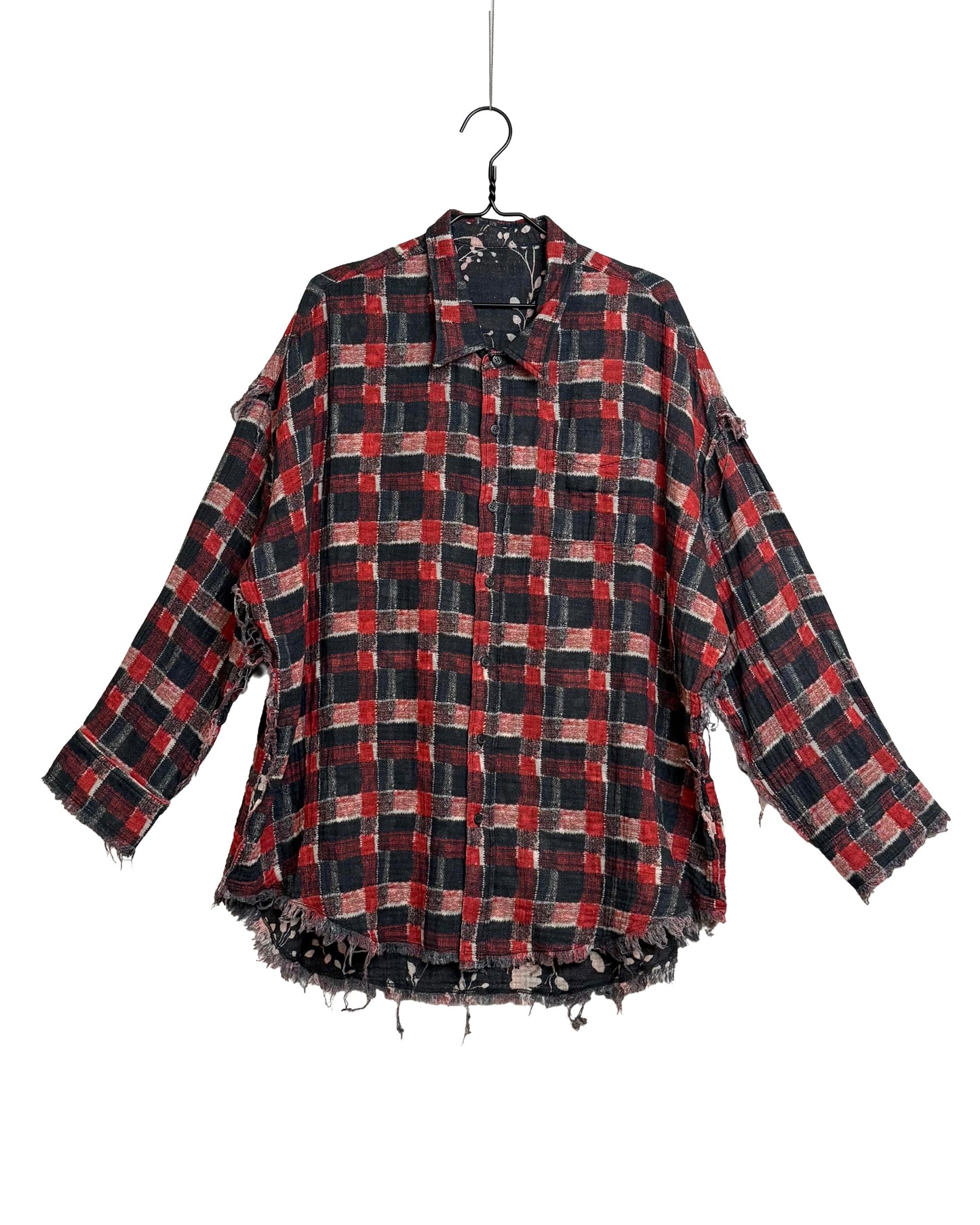 Reversible shredded seam drop neck shirt