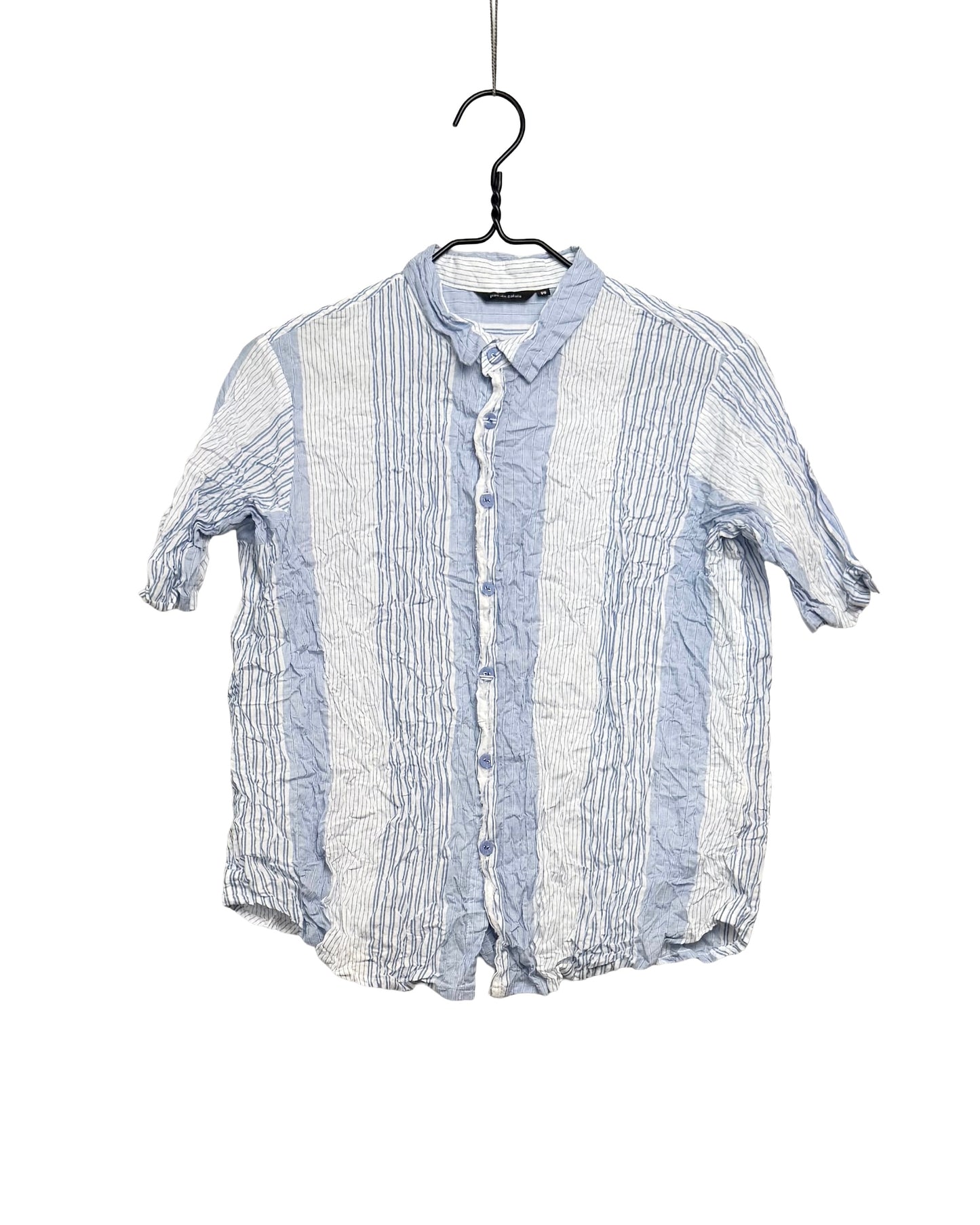 Blue shirring stripe short sleeve blouse
