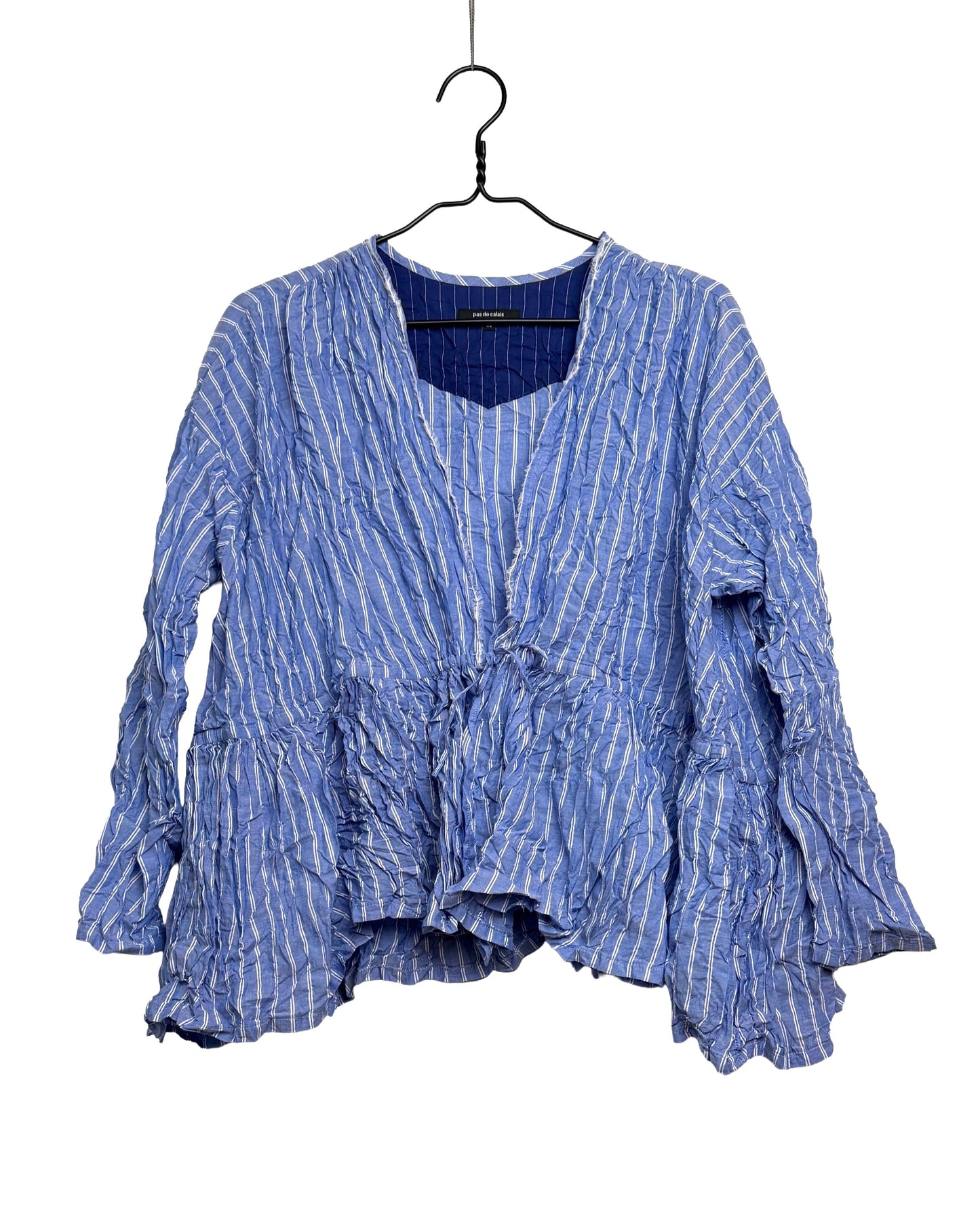 Blue shirring stripe wrap blouse