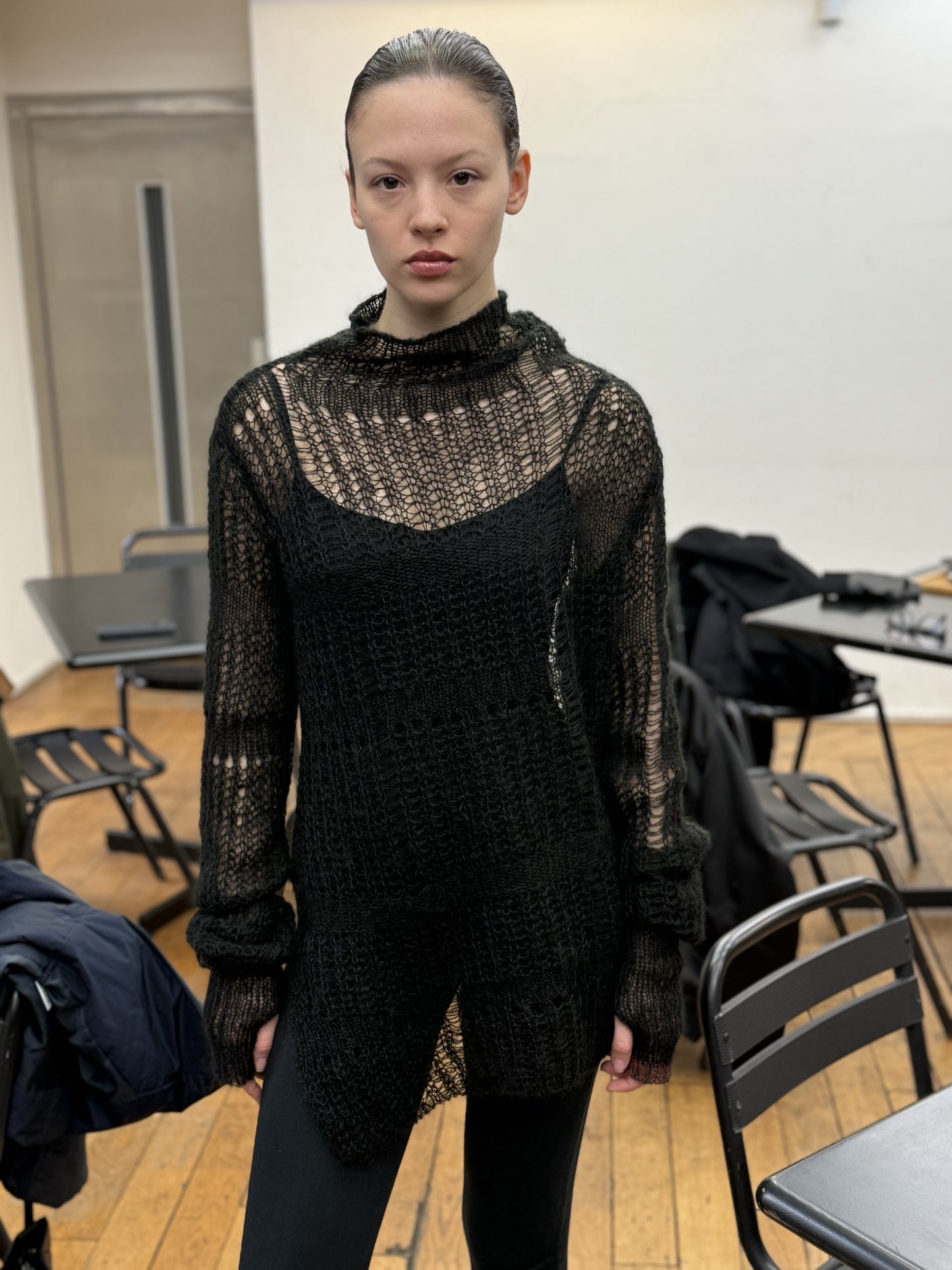 Sheer asymmetry long knit